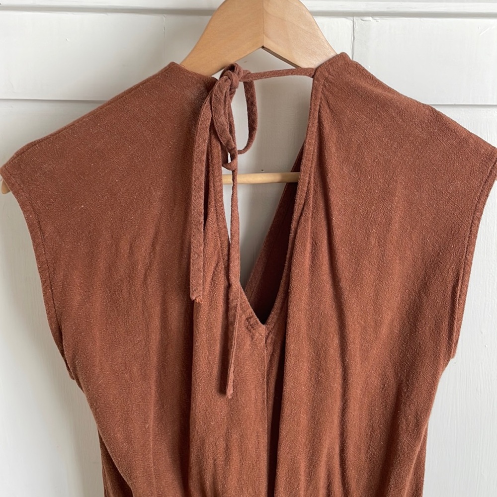 Rust orange tie-back linen pants suit